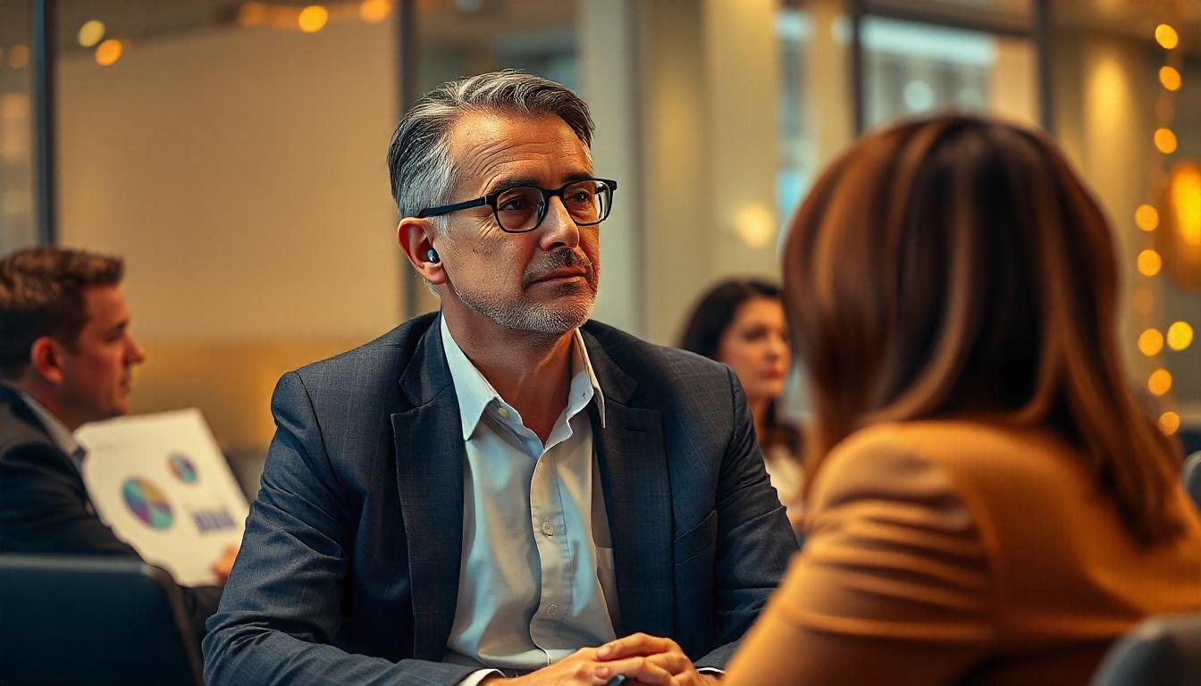 Businessman wearing hearing aid in conversation