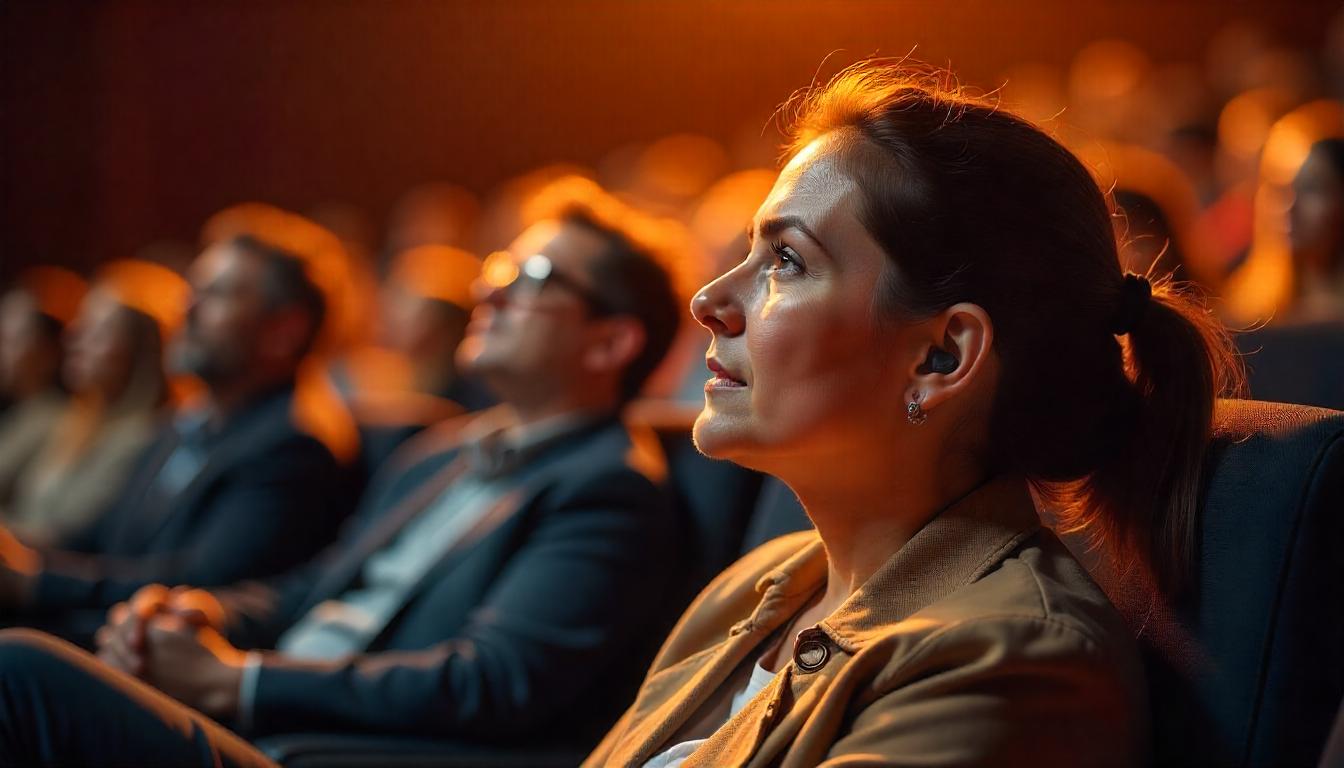 Woman wearing hearing aid listening in theater